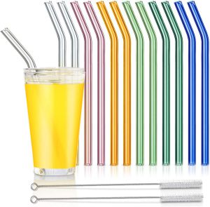 multicolour glass straws with juice glass